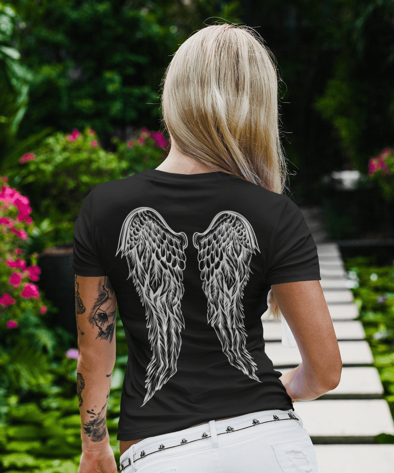 Back Printed Tattoo Style Angel Wings T-Shirt for Women 8Ball