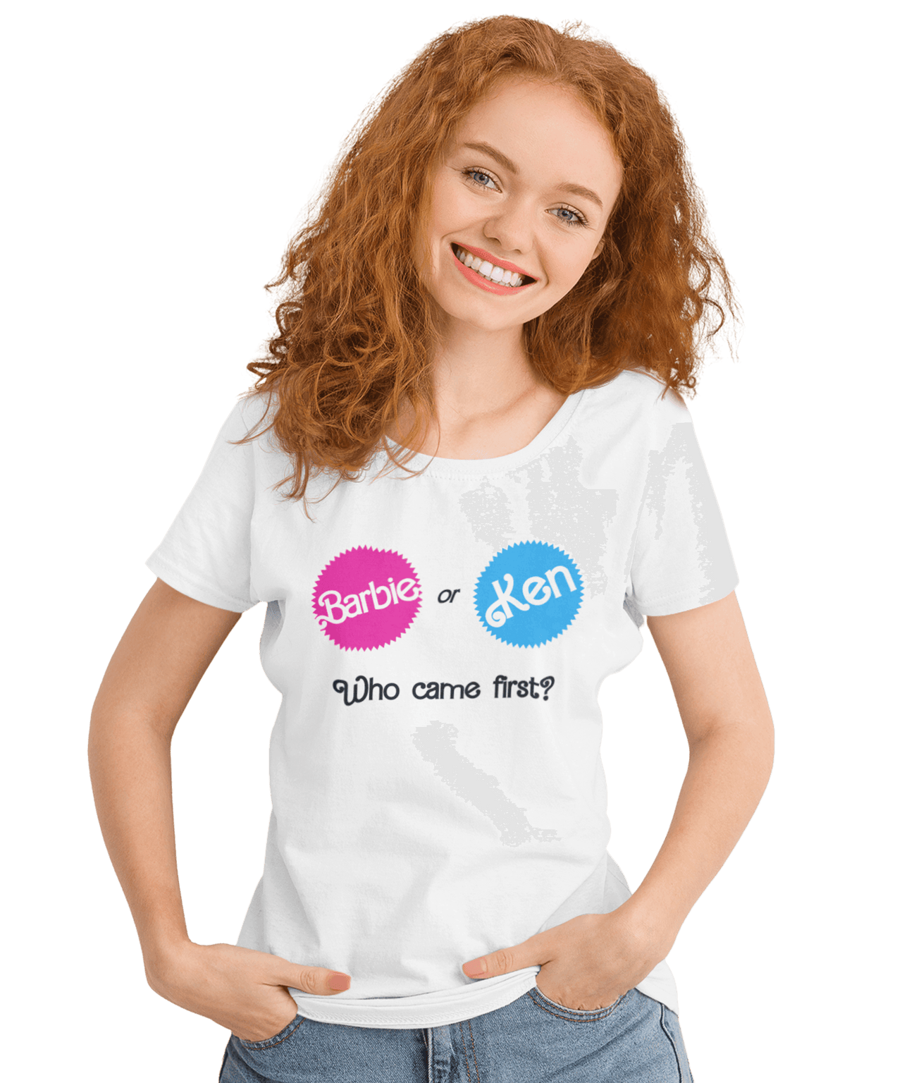 Who Came First Barbie Or Ken Adult Unisex Black or White Mens T-Shirt 8Ball