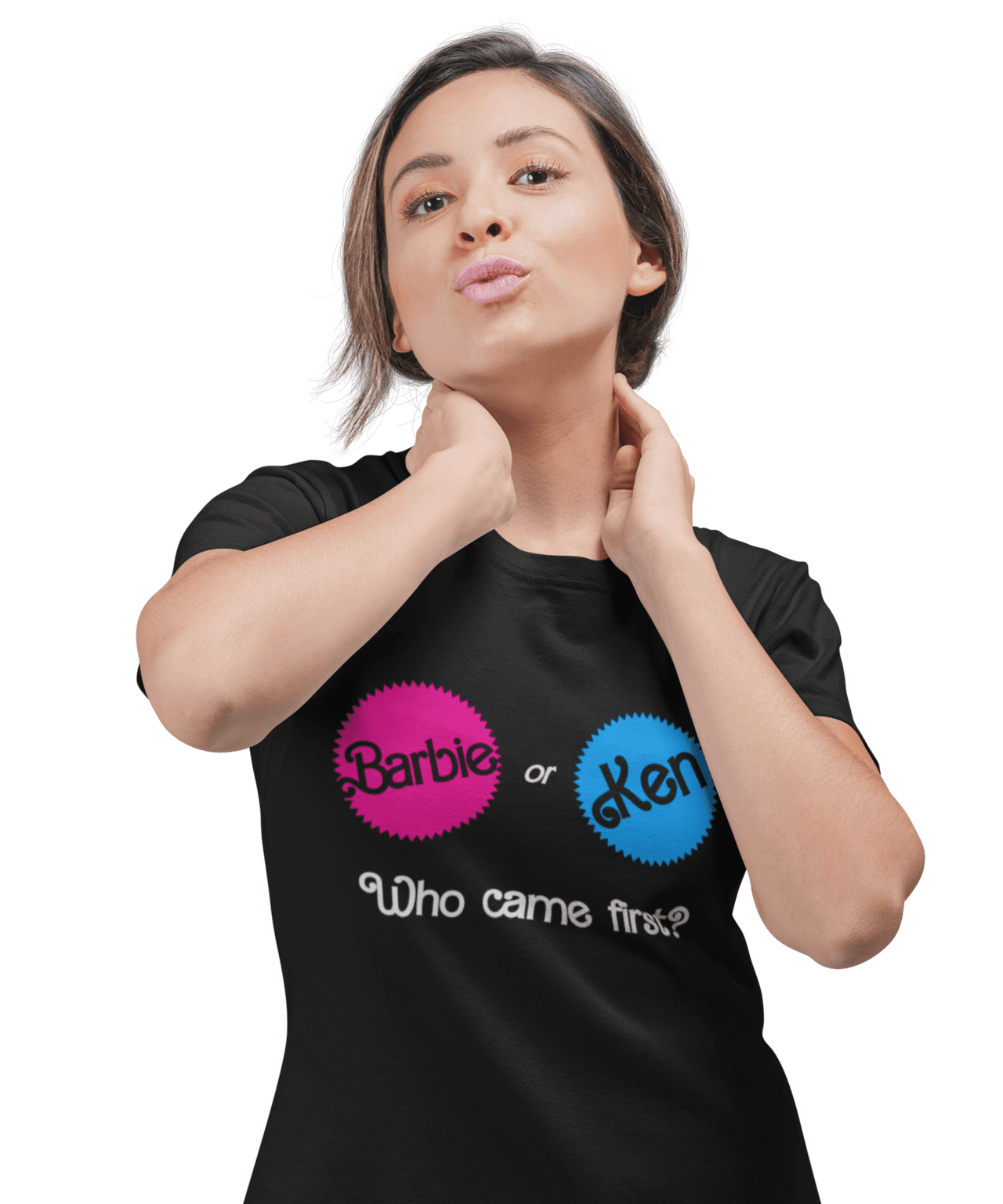 Who Came First Barbie Or Ken Adult Unisex Black or White Mens T-Shirt 8Ball