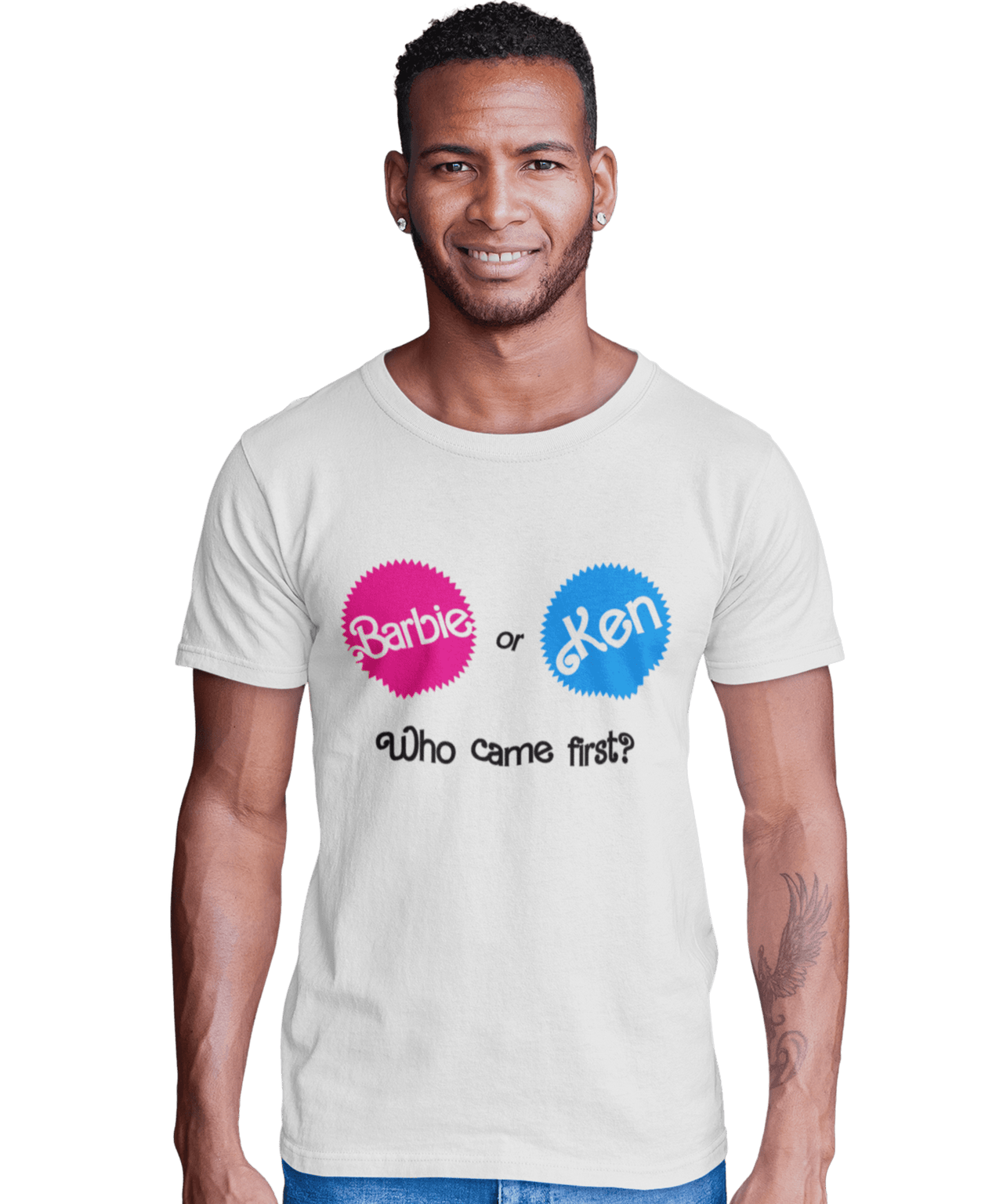 Who Came First Barbie Or Ken Adult Unisex Black or White Mens T-Shirt 8Ball