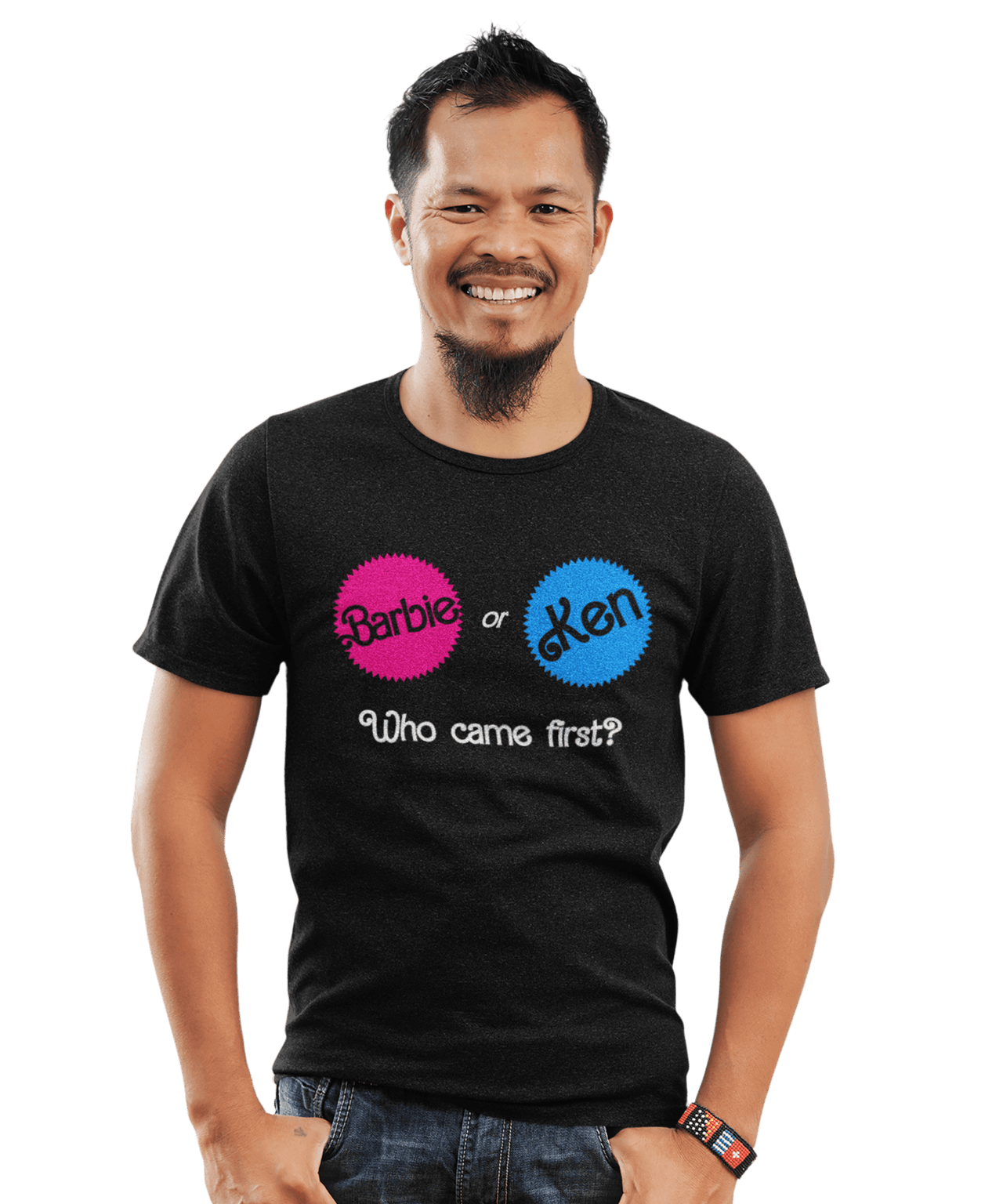 Who Came First Barbie Or Ken Adult Unisex Black or White Mens T-Shirt 8Ball