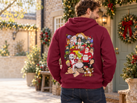 Thumbnail for Model showing the back print of the burgundy Christmas Chaos hoodie in a decorated courtyard.