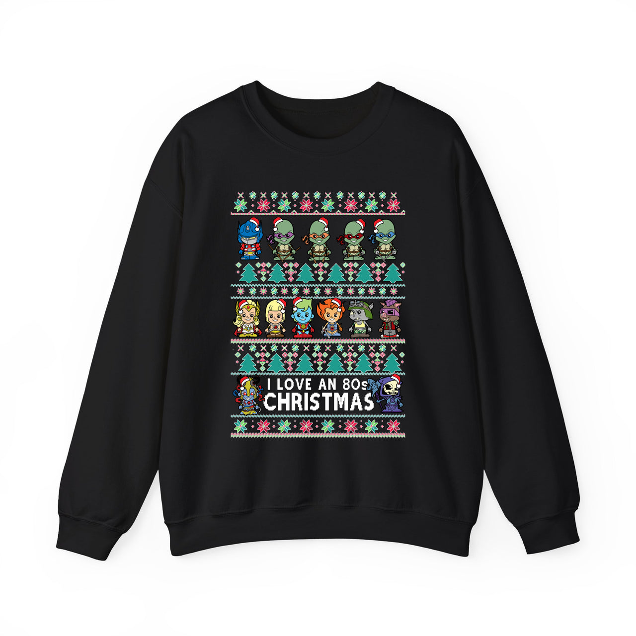 Black 80s cartoon sweatshirt front view showing the original Christmas artwork