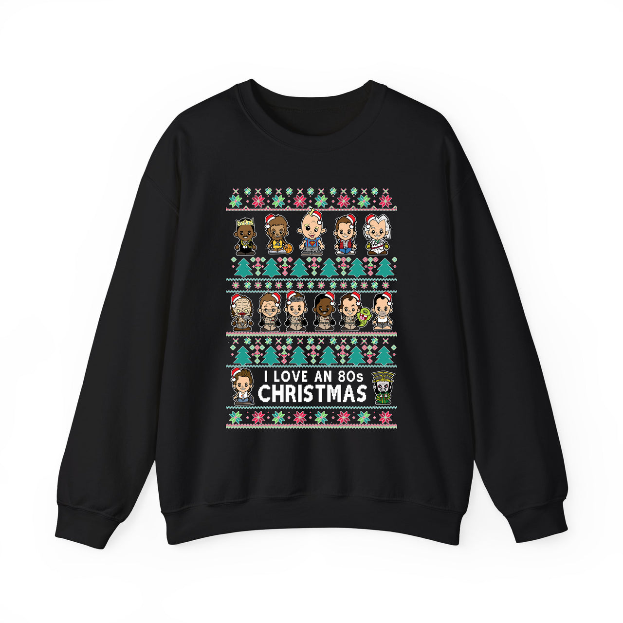 Black 80s movie sweatshirt front view showing the original Christmas artwork