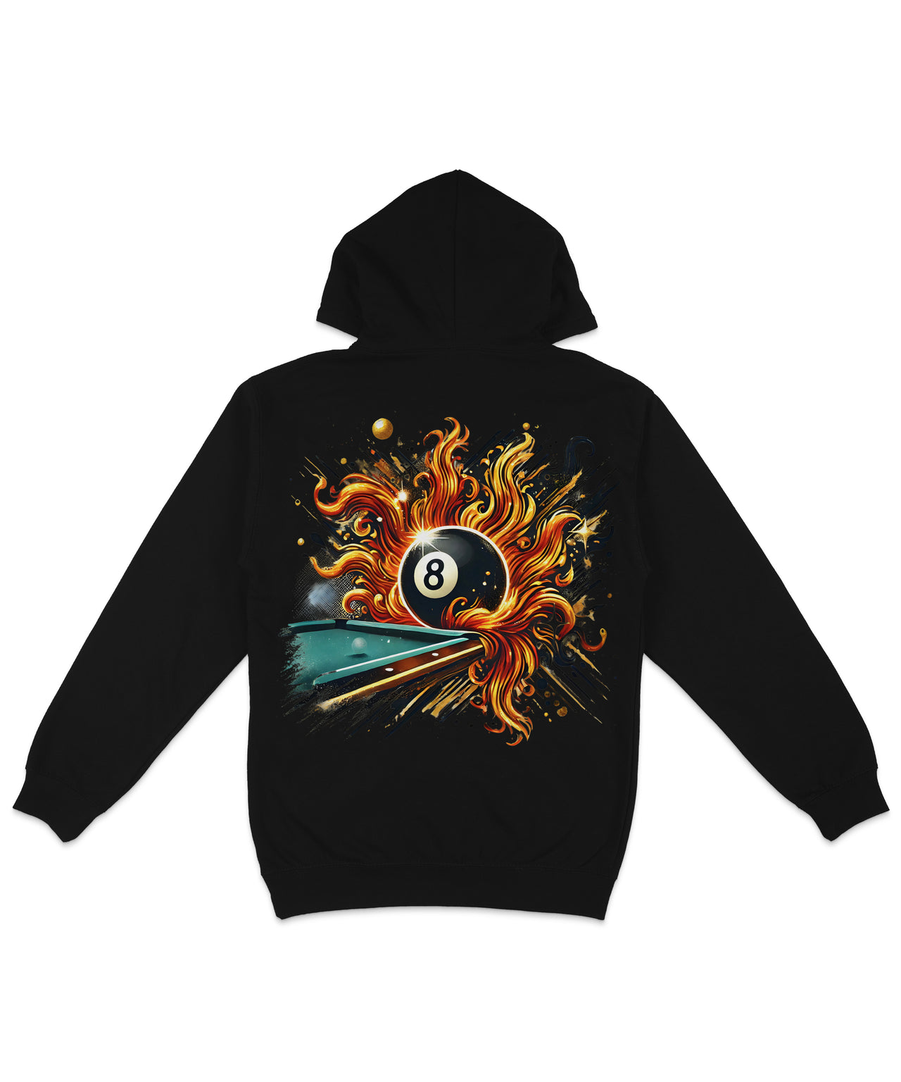 Flaming 8 Ball Pool Table Back Printed Hoodie