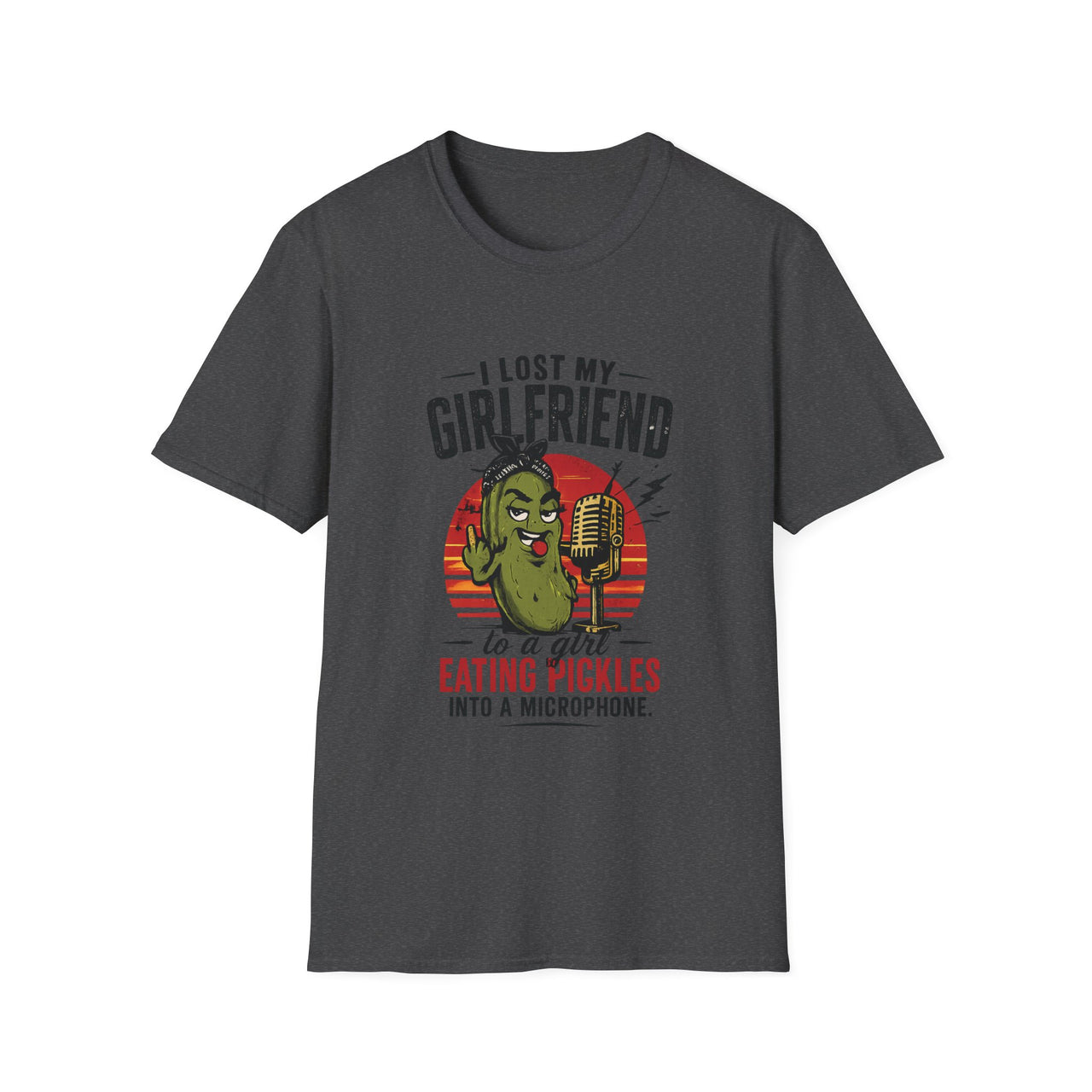 Heather coloured T-Shirt with ASMR Writing I lost My Girlfriend, graphic of a pickle, text to a girl eating pickles into a microphone.