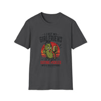 Thumbnail for Heather coloured T-Shirt with ASMR Writing I lost My Girlfriend, graphic of a pickle, text to a girl eating pickles into a microphone.
