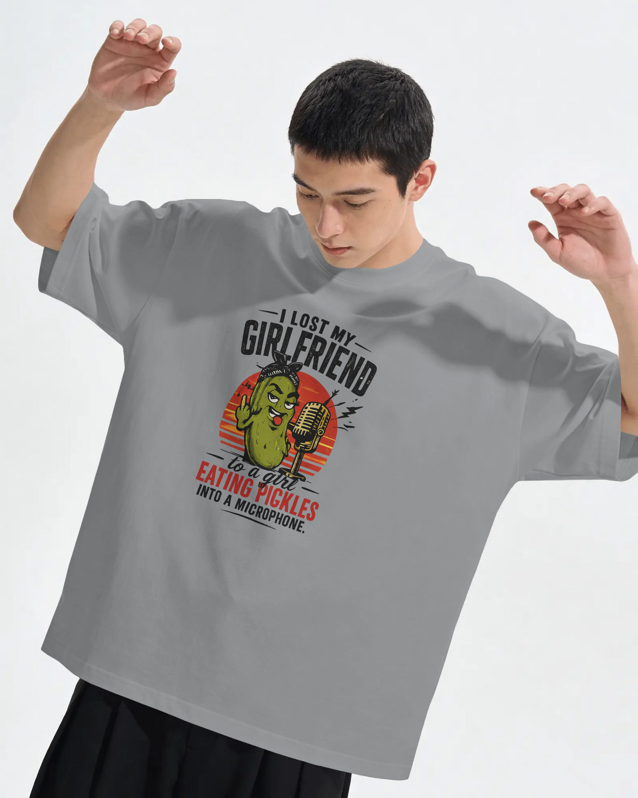 Person wearing a gray t-shirt with a graphic design and text on a white background. ASMR Took My Girl - The Pickle Whisperer