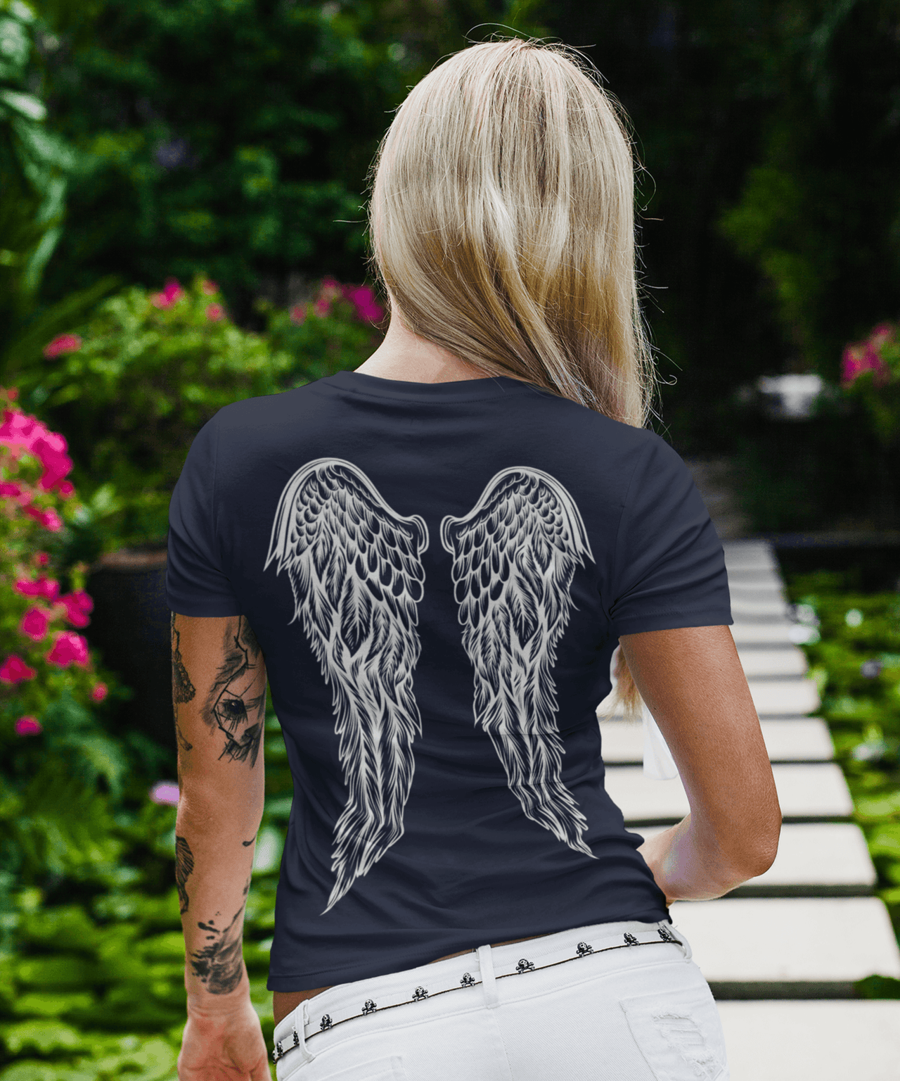 Back Printed Tattoo Style Angel Wings T-Shirt for Women 8Ball