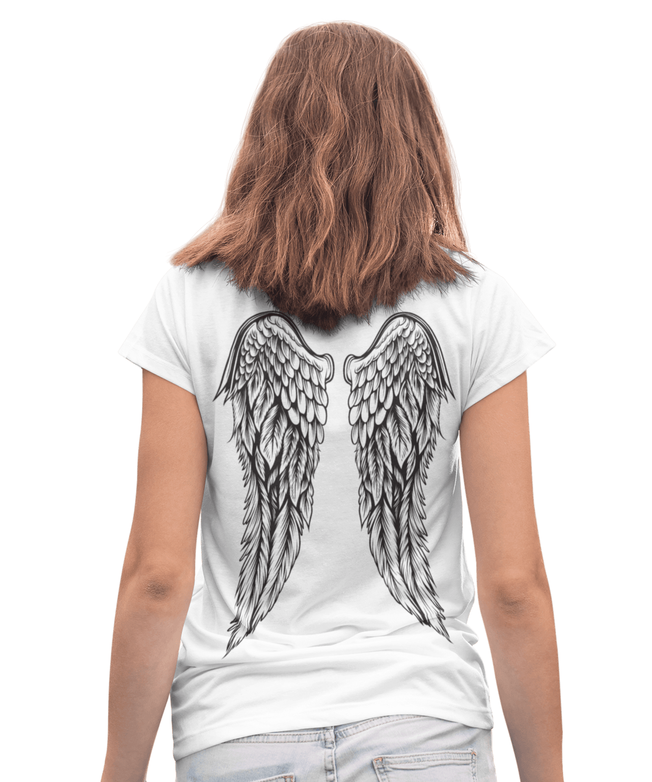 Back Printed Tattoo Style Angel Wings T-Shirt for Women 8Ball