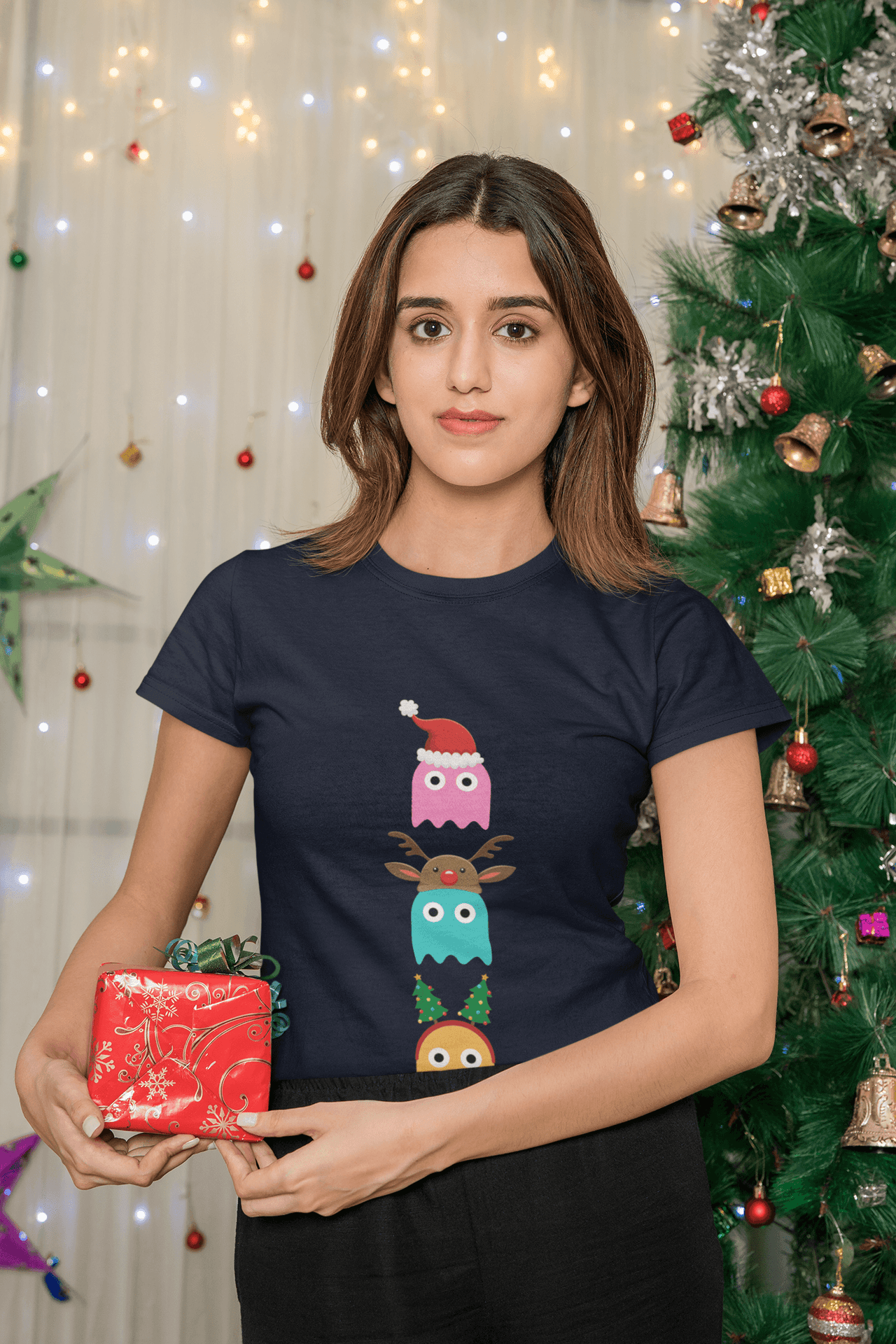 Christmas Ghost Munching Womens T-Shirt 8Ball