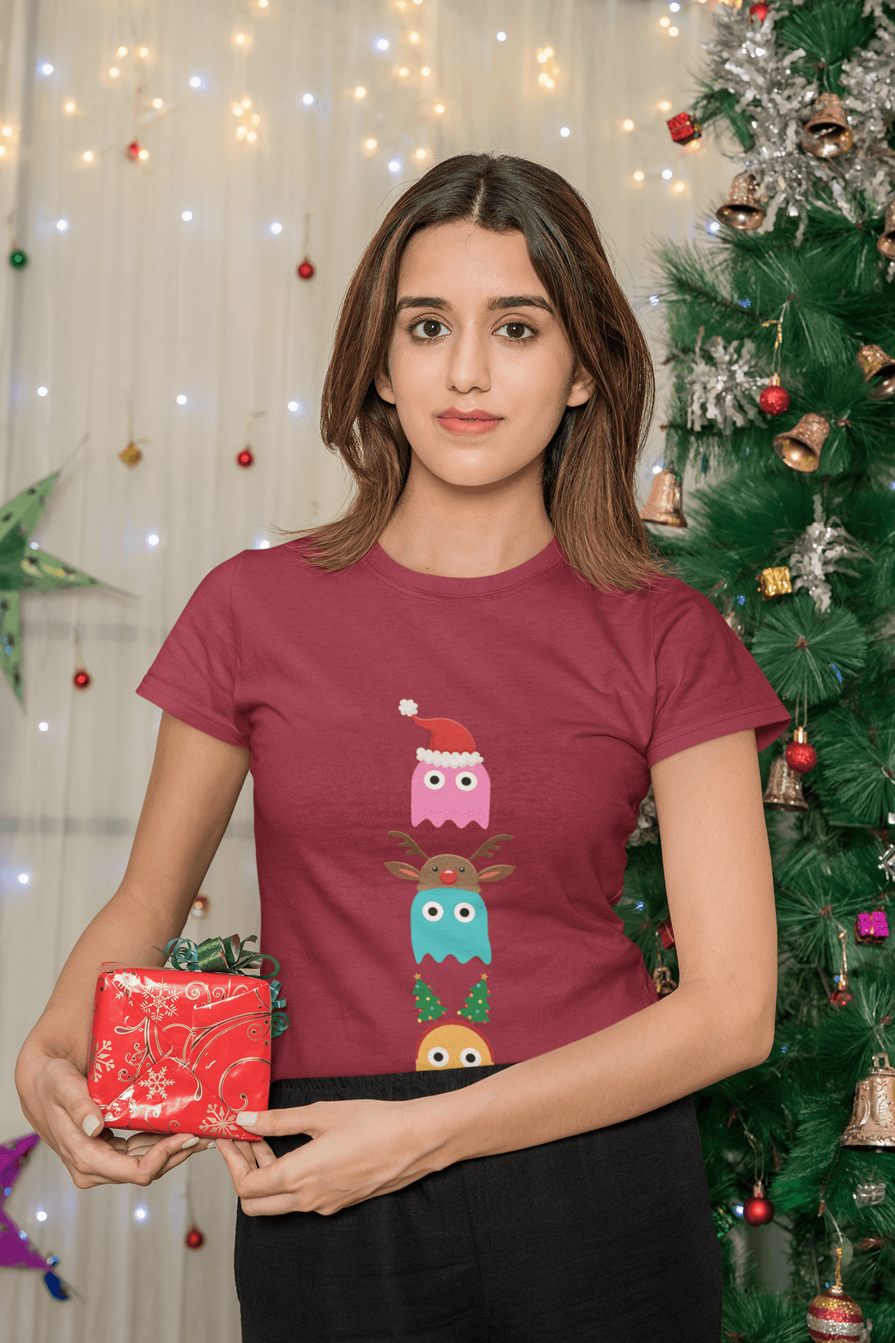 Christmas Ghost Munching Womens T-Shirt 8Ball