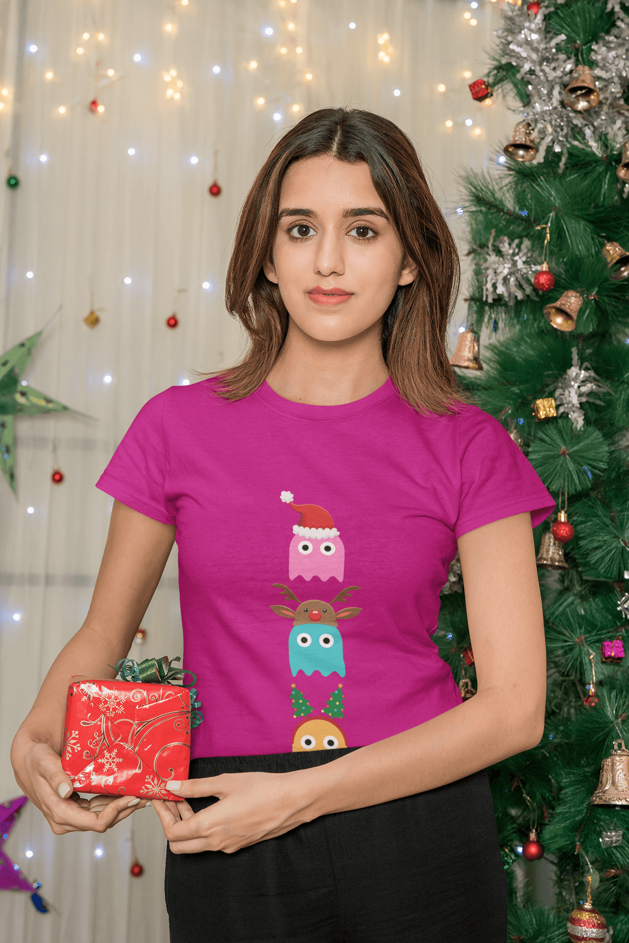 Christmas Ghost Munching Womens T-Shirt 8Ball