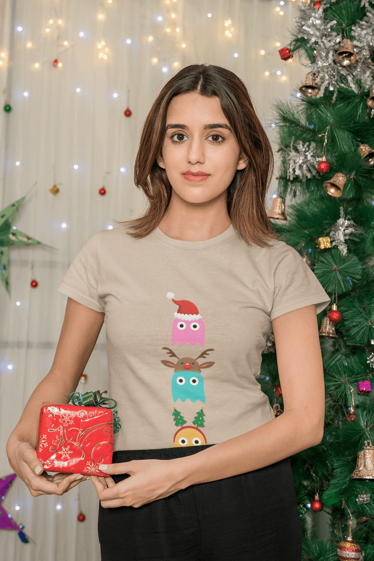 Christmas Ghost Munching Womens T-Shirt 8Ball