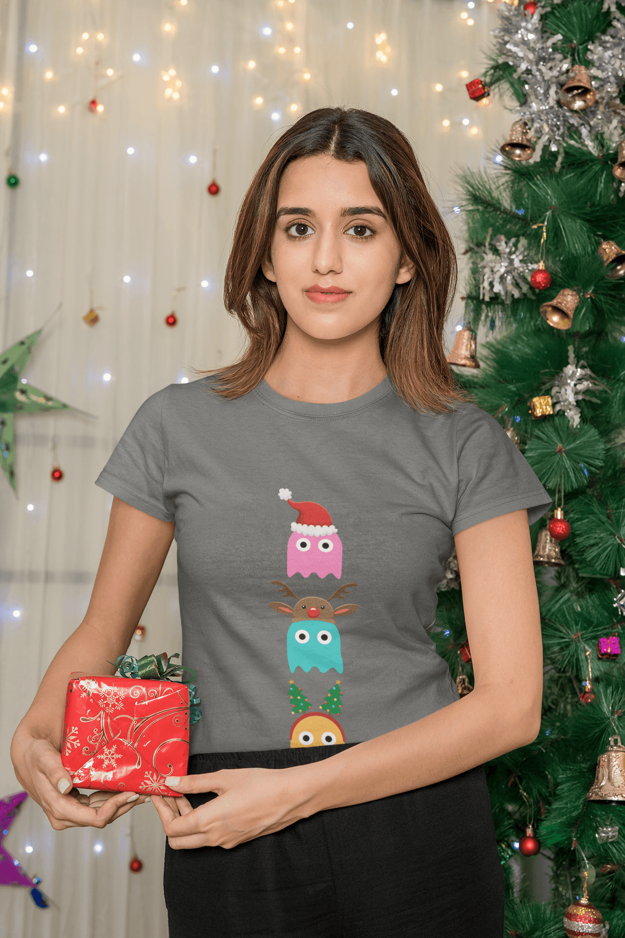Christmas Ghost Munching Womens T-Shirt 8Ball