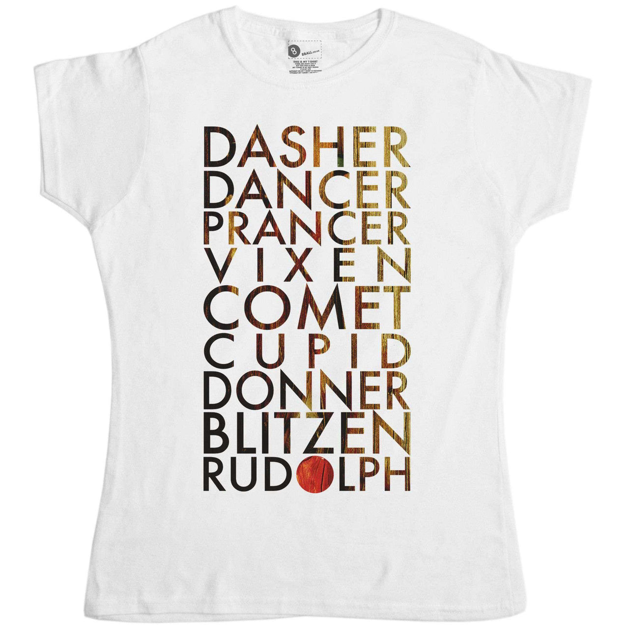 Christmas Reindeer Names Fitted Womens T-Shirt 8Ball