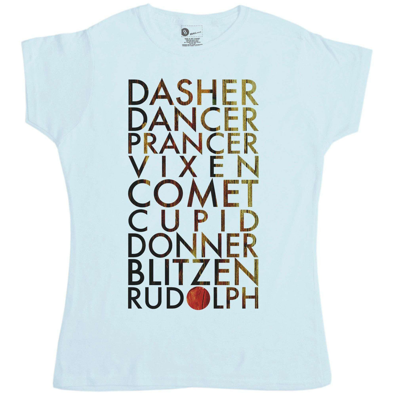 Christmas Reindeer Names Fitted Womens T-Shirt 8Ball