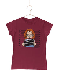 Thumbnail for Chucky Mugshot Horror Film Tribute Fitted Womens T-Shirt 8Ball