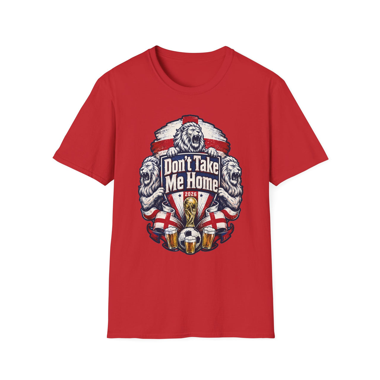 Red England World Cup 2026 Fan t-shirt with graphic design featuring 3 Lions and text "Don't Take Me Home"