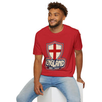 Thumbnail for Man wearing a red 'England' t-shirt with a shield design on a white background