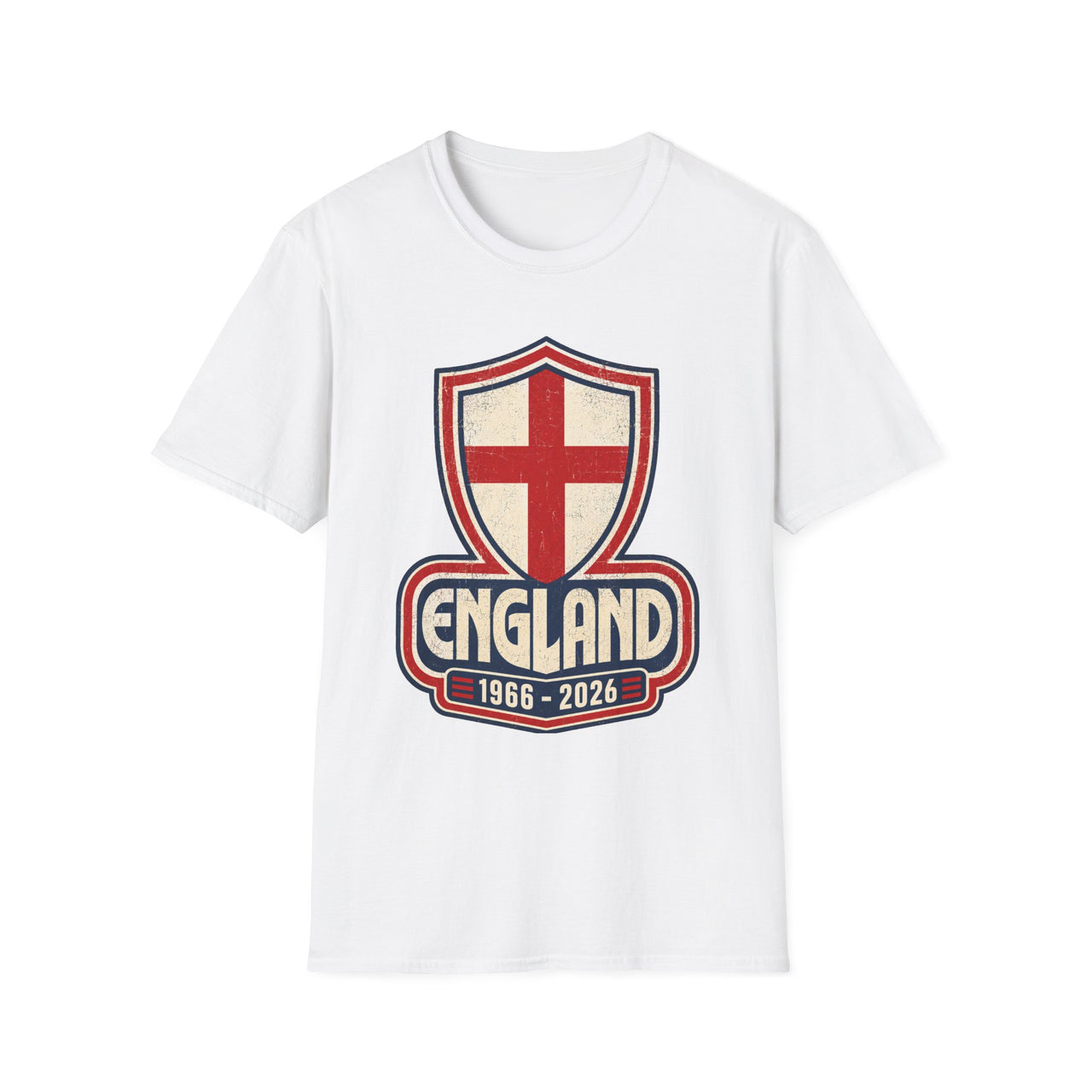 White t-shirt with England-themed graphic on a white background