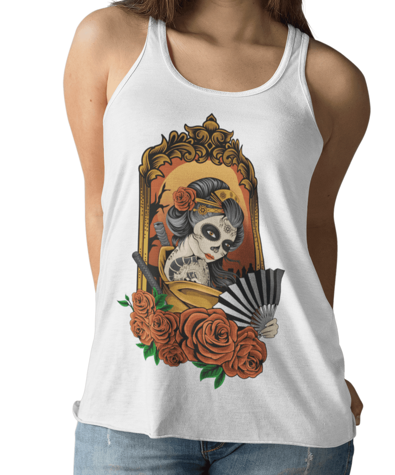 Geisha Skull Tattoo Design Adult Womens Vest Top 8Ball