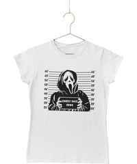 Thumbnail for Ghostface Mugshot Horror Film Tribute Womens Fitted T-Shirt 8Ball