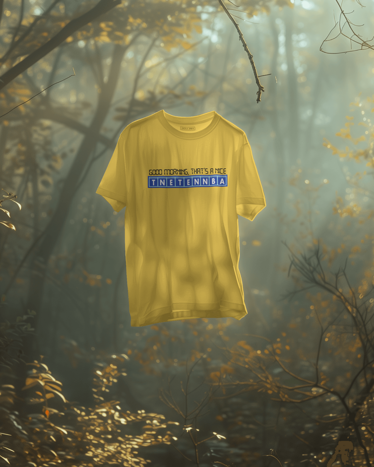 Yellow t-shirt with text hanging in a forest setting - IT Crowd - Tnetennba
