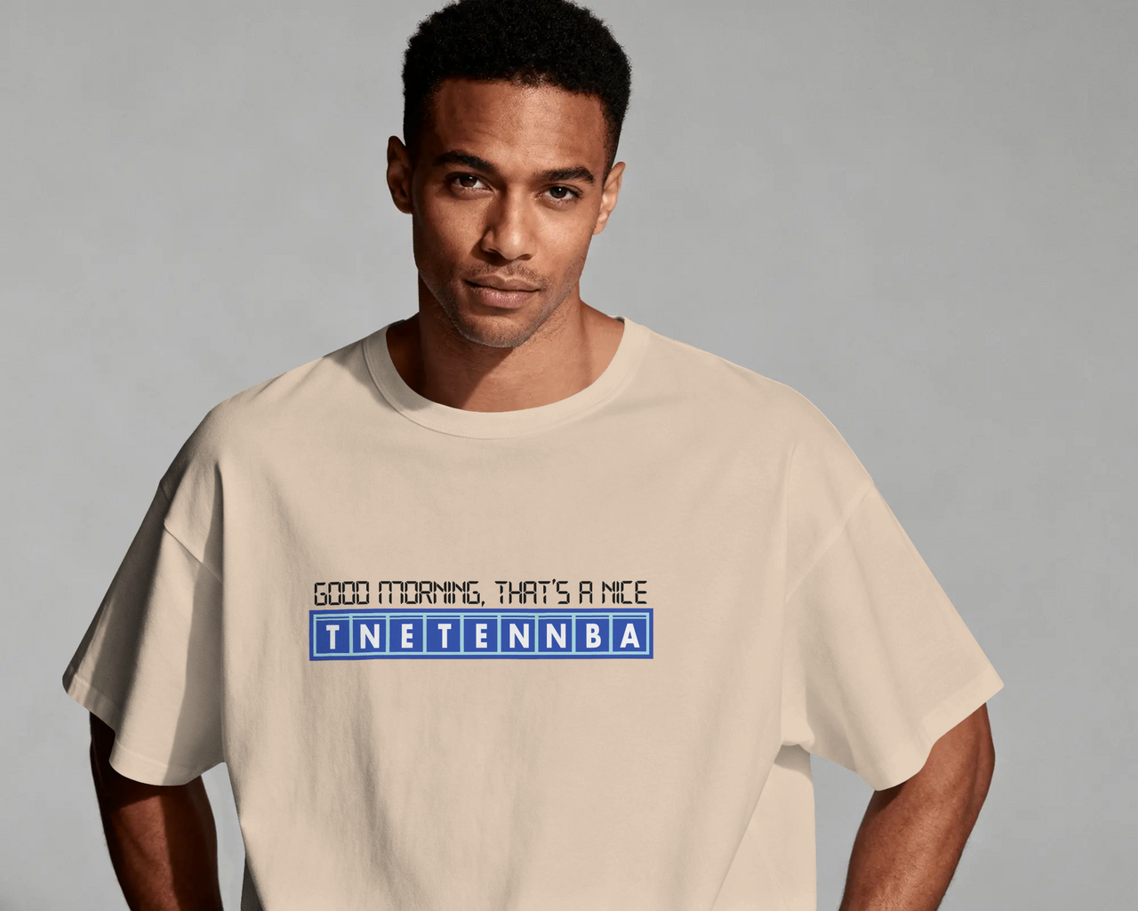 Man wearing a beige t-shirt with text on a grey background - IT Crowd - Tnetennba