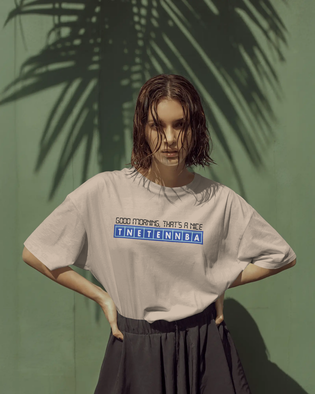 Person wearing a light gray t-shirt with text, standing against a green wall with palm leaf shadows. - Good Morning That’s A Nice TNETENNBA - The IT Crowd T-Shirt