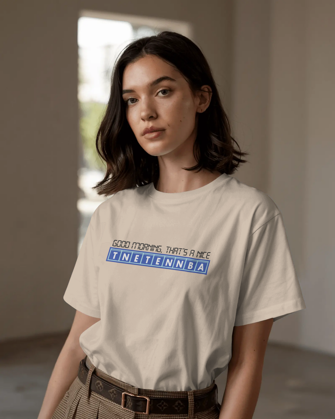 Person wearing a beige t-shirt with text in an indoor setting - IT Crowd - Tnetennba
