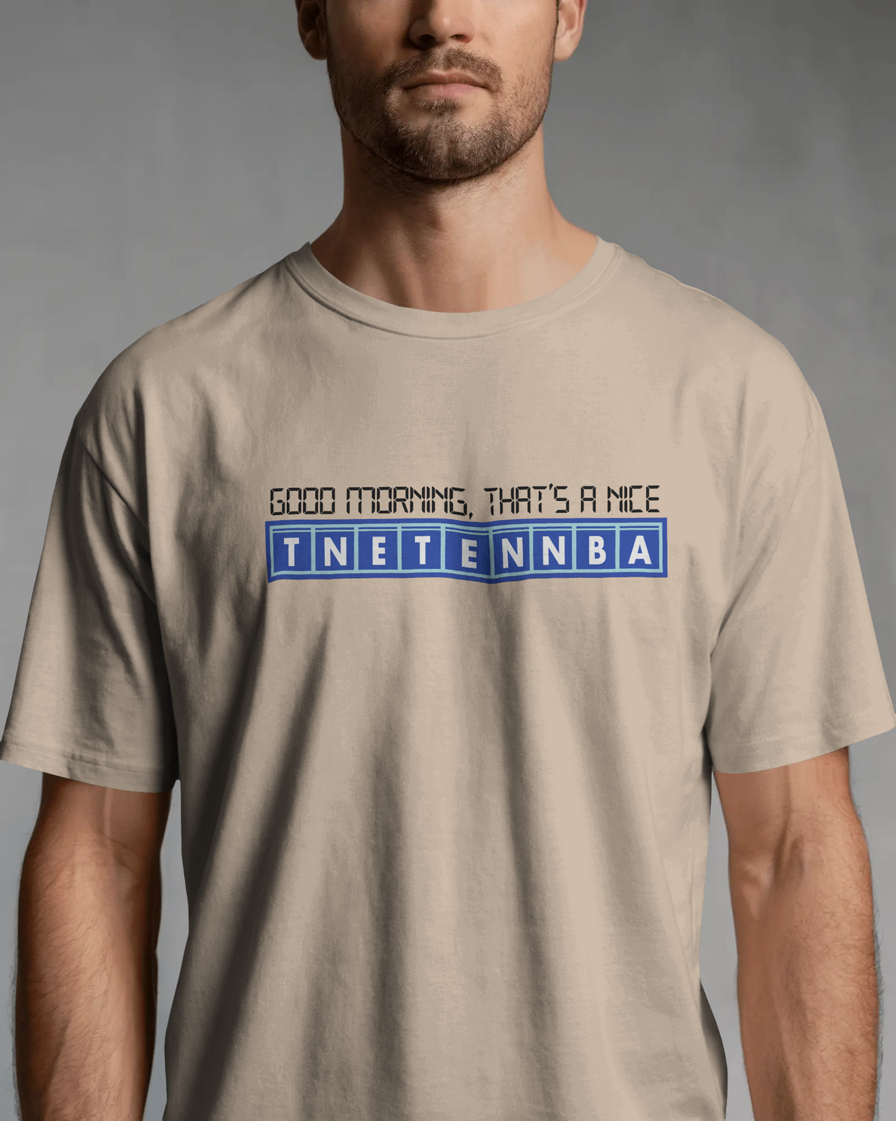 Man wearing a beige t-shirt with text design on a gray background - Good Morning That’s A Nice TNETENNBA - The IT Crowd T-Shirt