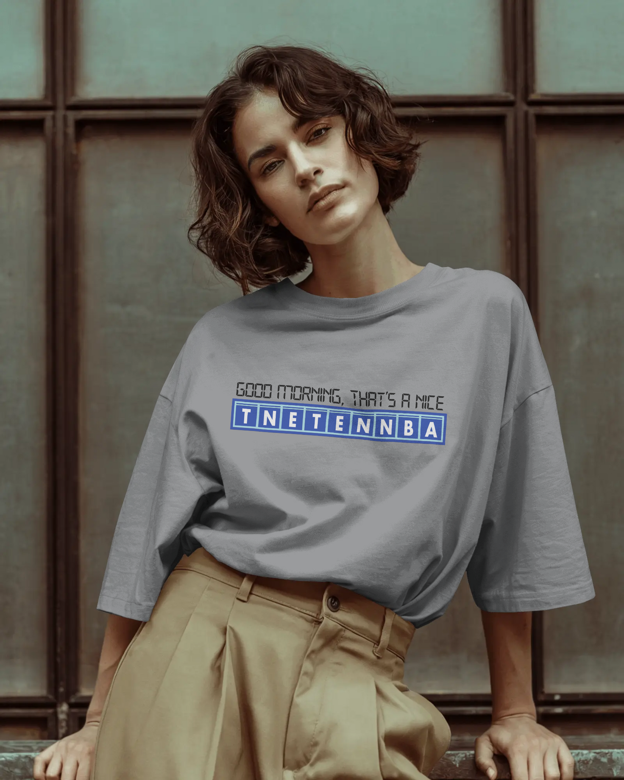 Person wearing a gray t-shirt with text, sitting against a textured wall. - Good Morning That’s A Nice TNETENNBA - The IT Crowd T-Shirt