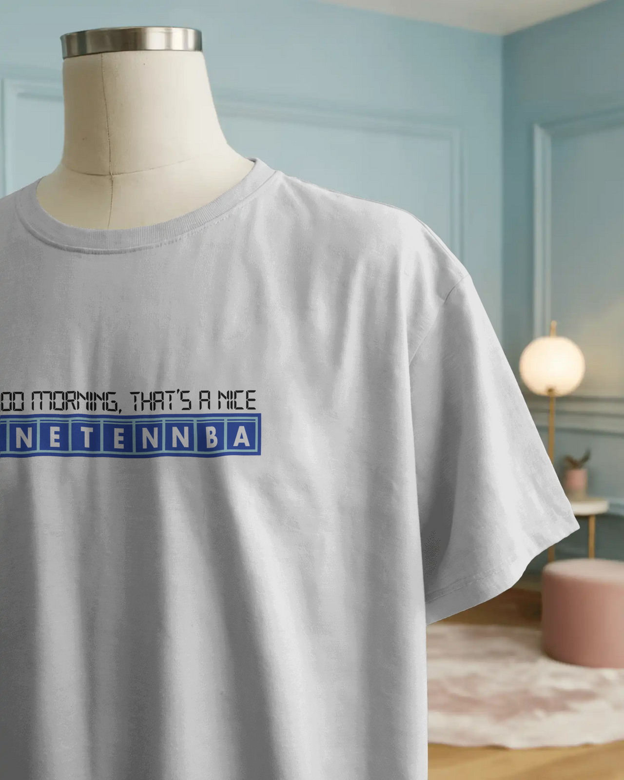 Gray t-shirt with text on a mannequin against a light blue wall. - IT Crowd - Tnetennba