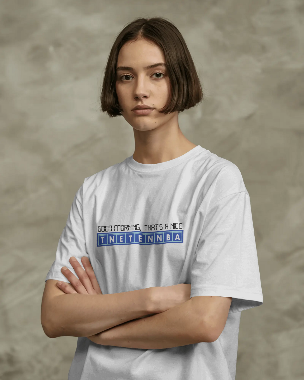 Person wearing a white t-shirt with text on a textured brown background - IT Crowd - Tnetennba