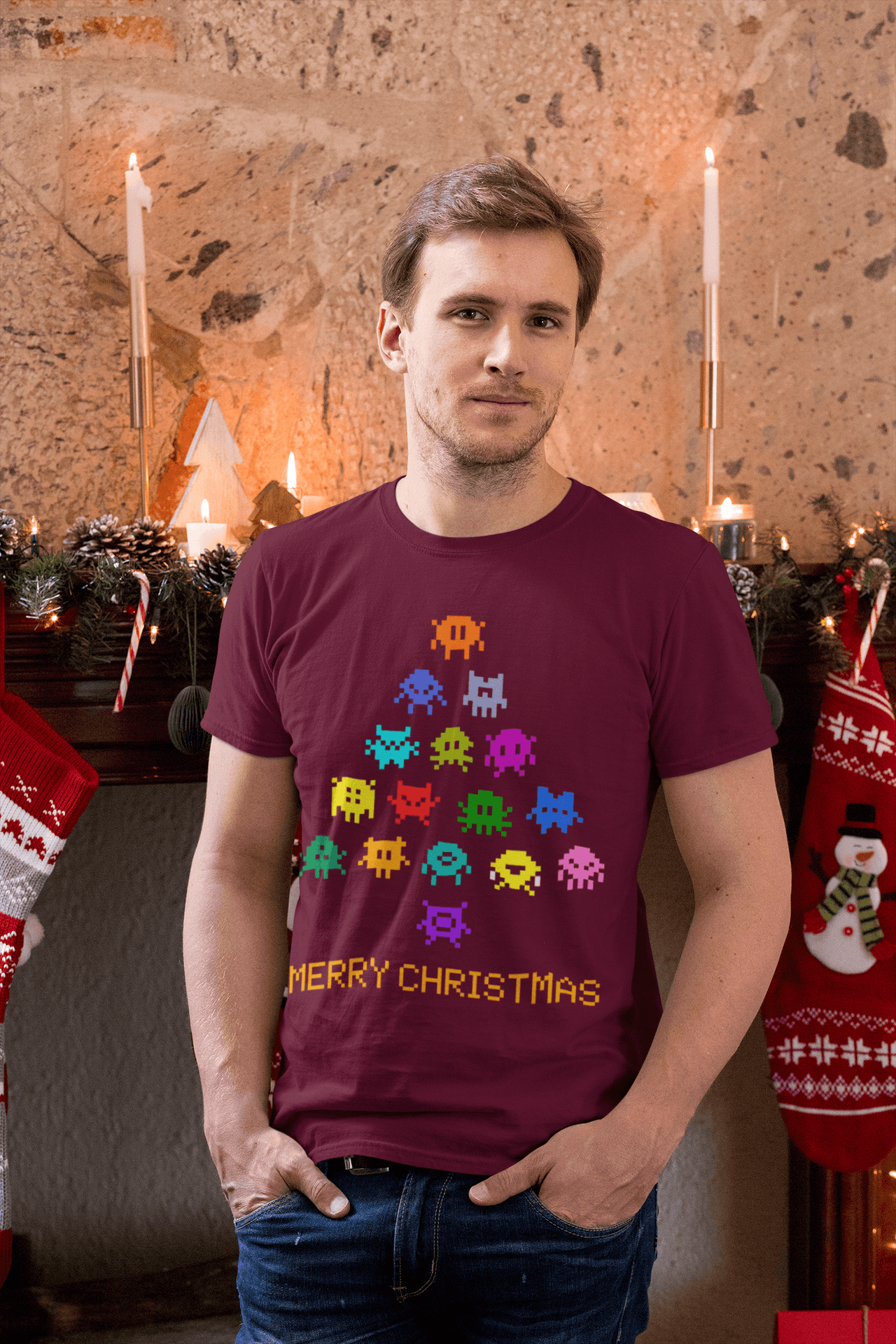 Invaders Christmas Tree Adult for Men and Women Mens Graphic T-Shirt 8Ball