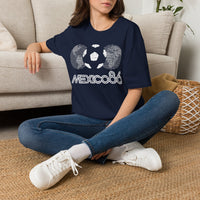 Thumbnail for Person wearing a navy blue Vintage t-shirt with 'Mexico 86' design sitting on a carpeted floor. World Cup 2026