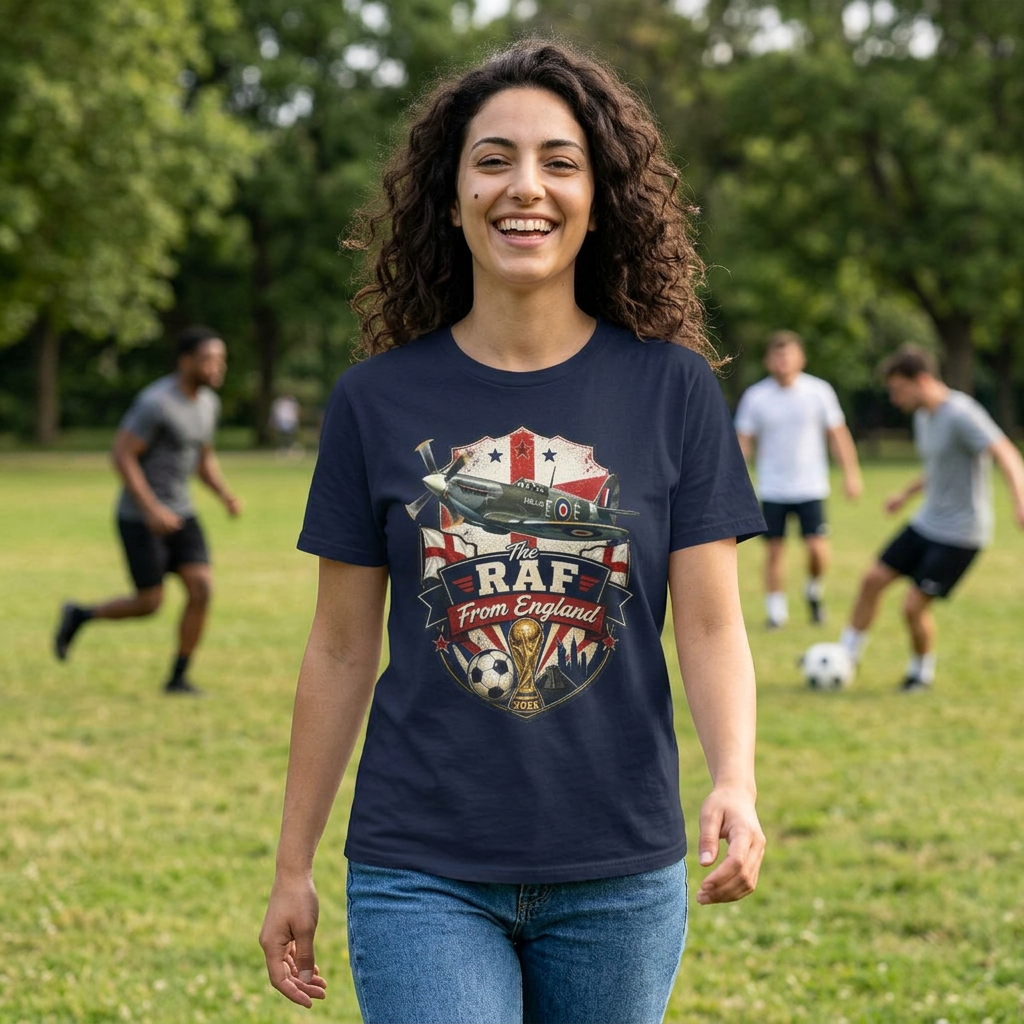 Woman wearing a navy blue t-shirt with RAF logo on a grassy field with people playing soccer. England Fan T-Shirt