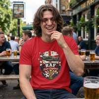 Thumbnail for Man wearing a red t-shirt with RAF design sitting at an outdoor pub. ngland Fan TShirt