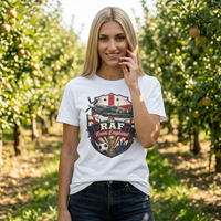 Thumbnail for Woman wearing a white t-shirt with RAF logo in an orchard. England Fan T-Shirt World Cup 2026