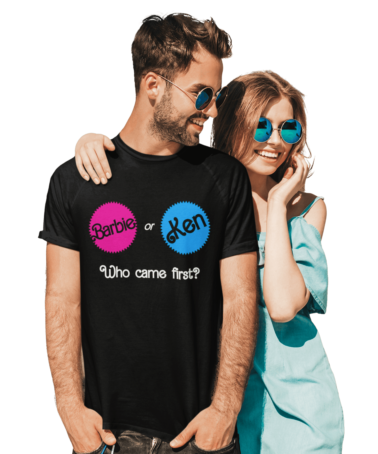 Who Came First Barbie Or Ken Adult Unisex Black or White Mens T-Shirt 8Ball