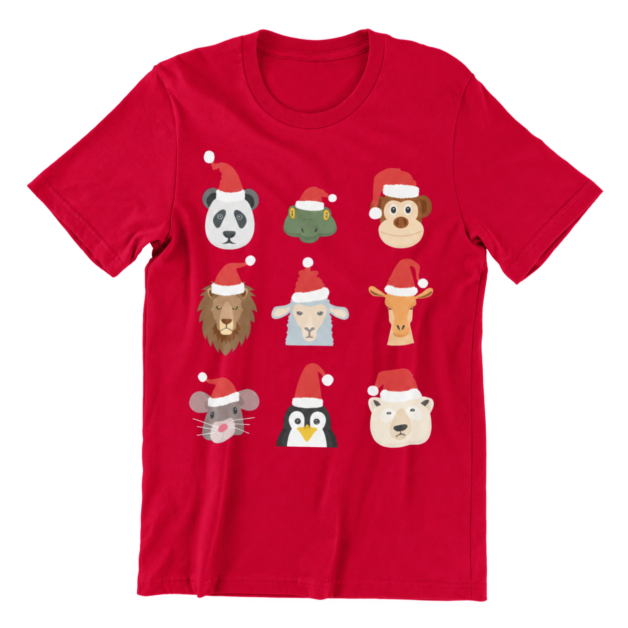 Front flat mockup of the red Animals Christmas children's T-shirt showing nine animal faces wearing Santa hats.