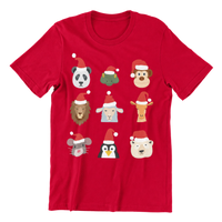 Thumbnail for Front flat mockup of the red Animals Christmas children's T-shirt showing nine animal faces wearing Santa hats.