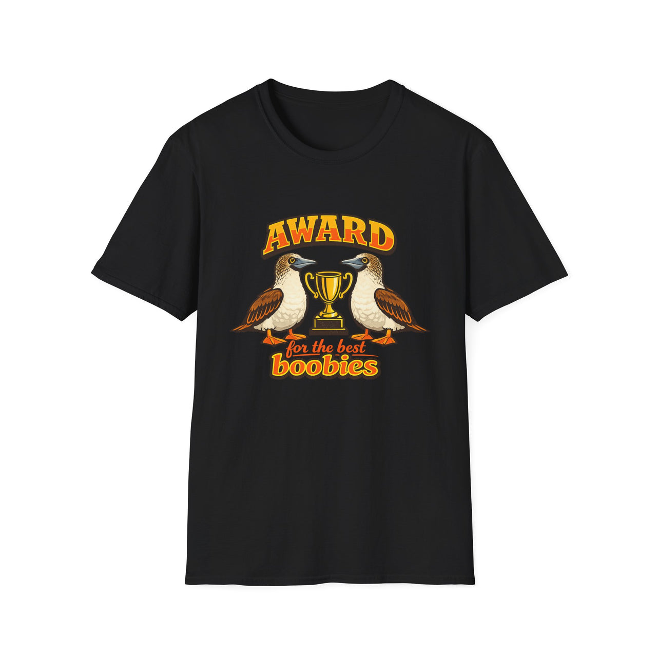 Black Award for the Best Boobies T-Shirt featuring two blue-footed booby birds, a gold trophy and Award for the Best Boobies design.