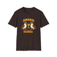 Thumbnail for Dark Chocolate Award for the Best Boobies T-Shirt featuring two blue-footed booby birds, a gold trophy and Award for the Best Boobies design.