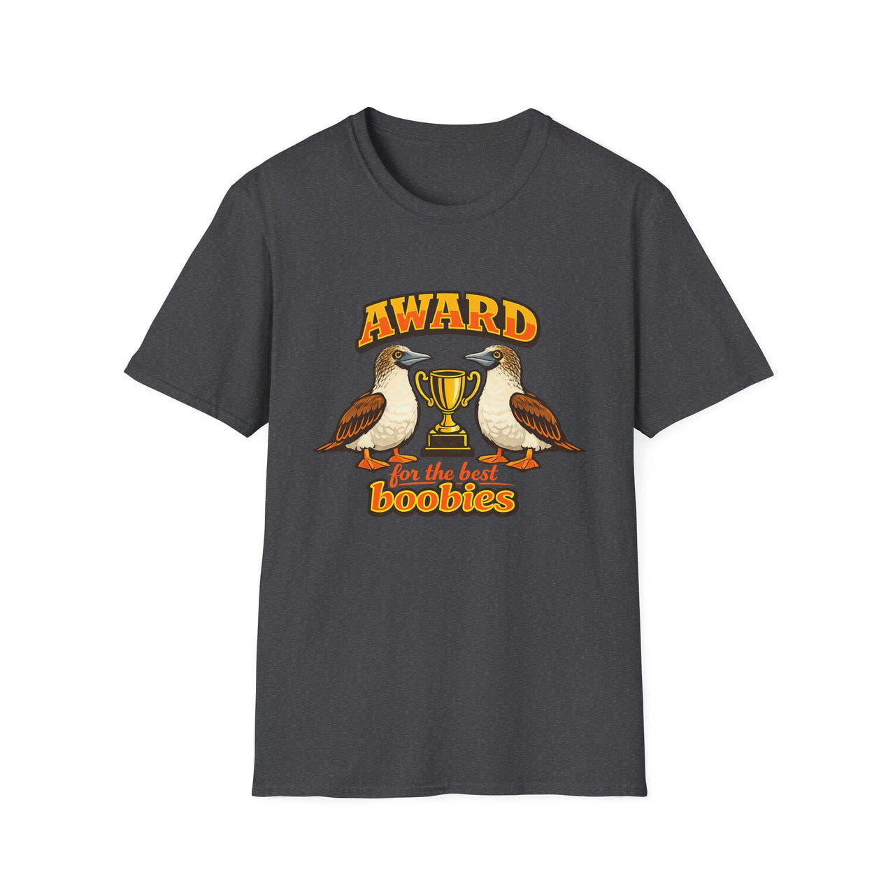 Dark Heather Award for the Best Boobies T-Shirt featuring two blue-footed booby birds, a gold trophy and Award for the Best Boobies design.
