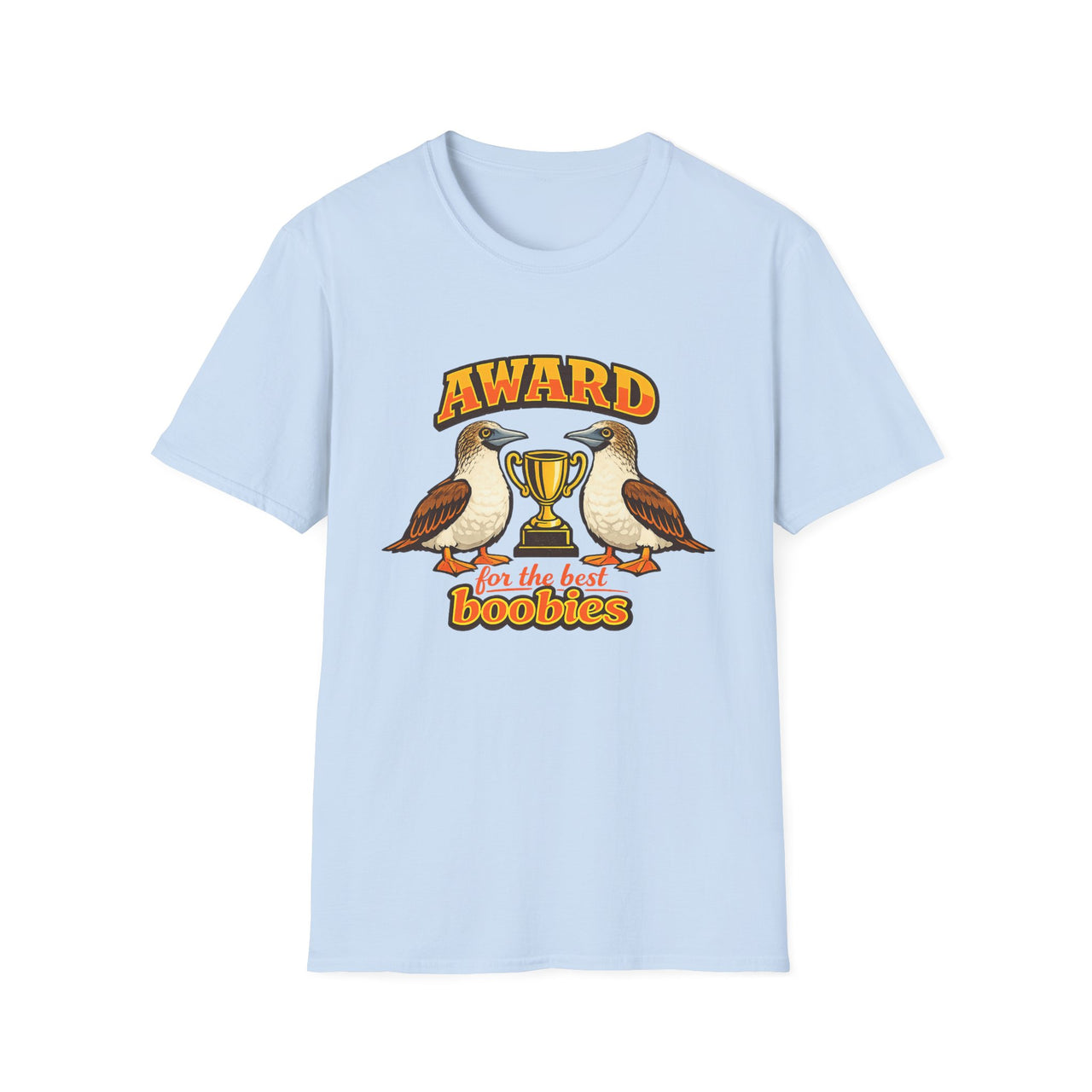 Light Blue Award for the Best Boobies T-Shirt featuring two blue-footed booby birds, a gold trophy and Award for the Best Boobies design.