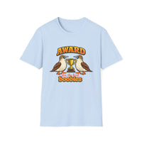 Thumbnail for Light Blue Award for the Best Boobies T-Shirt featuring two blue-footed booby birds, a gold trophy and Award for the Best Boobies design.
