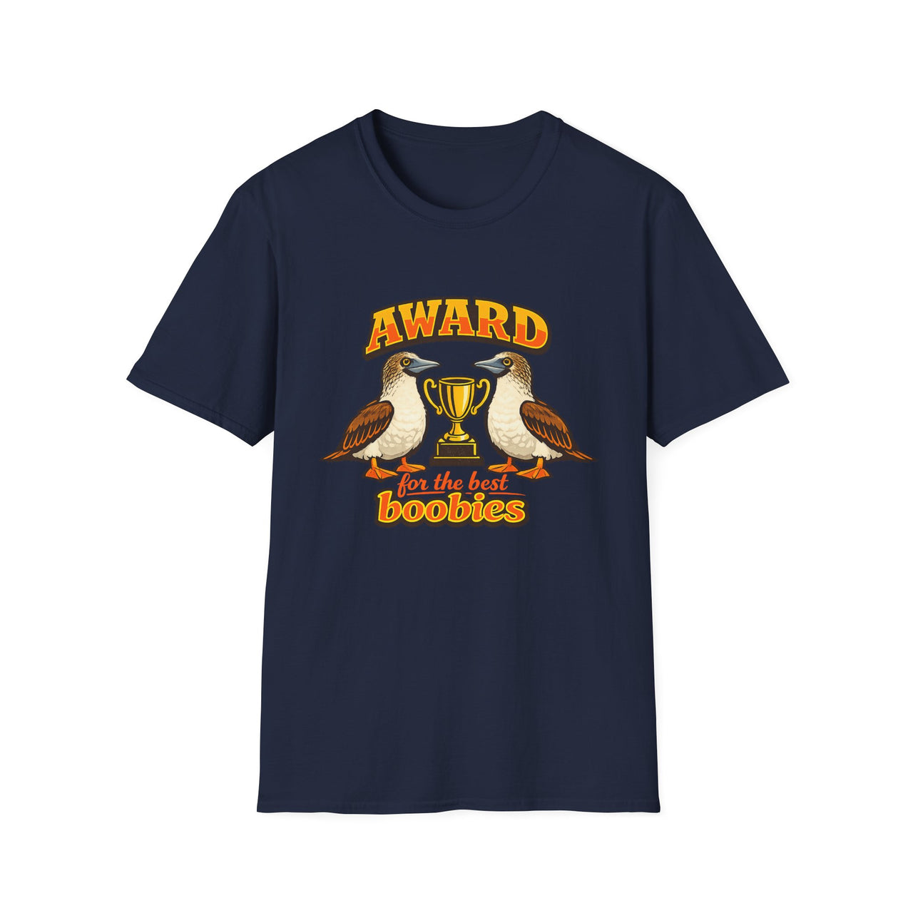 Navy Award for the Best Boobies T-Shirt featuring two blue-footed booby birds, a gold trophy and Award for the Best Boobies design.