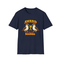 Thumbnail for Navy Award for the Best Boobies T-Shirt featuring two blue-footed booby birds, a gold trophy and Award for the Best Boobies design.